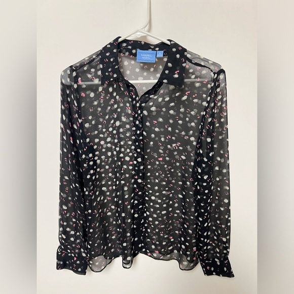 SIMPLY VERA VERA WANG SHEER BLACK BLOUSE WITH PINK & WHITE DESIGNS. SIZE M - Picture 1 of 6